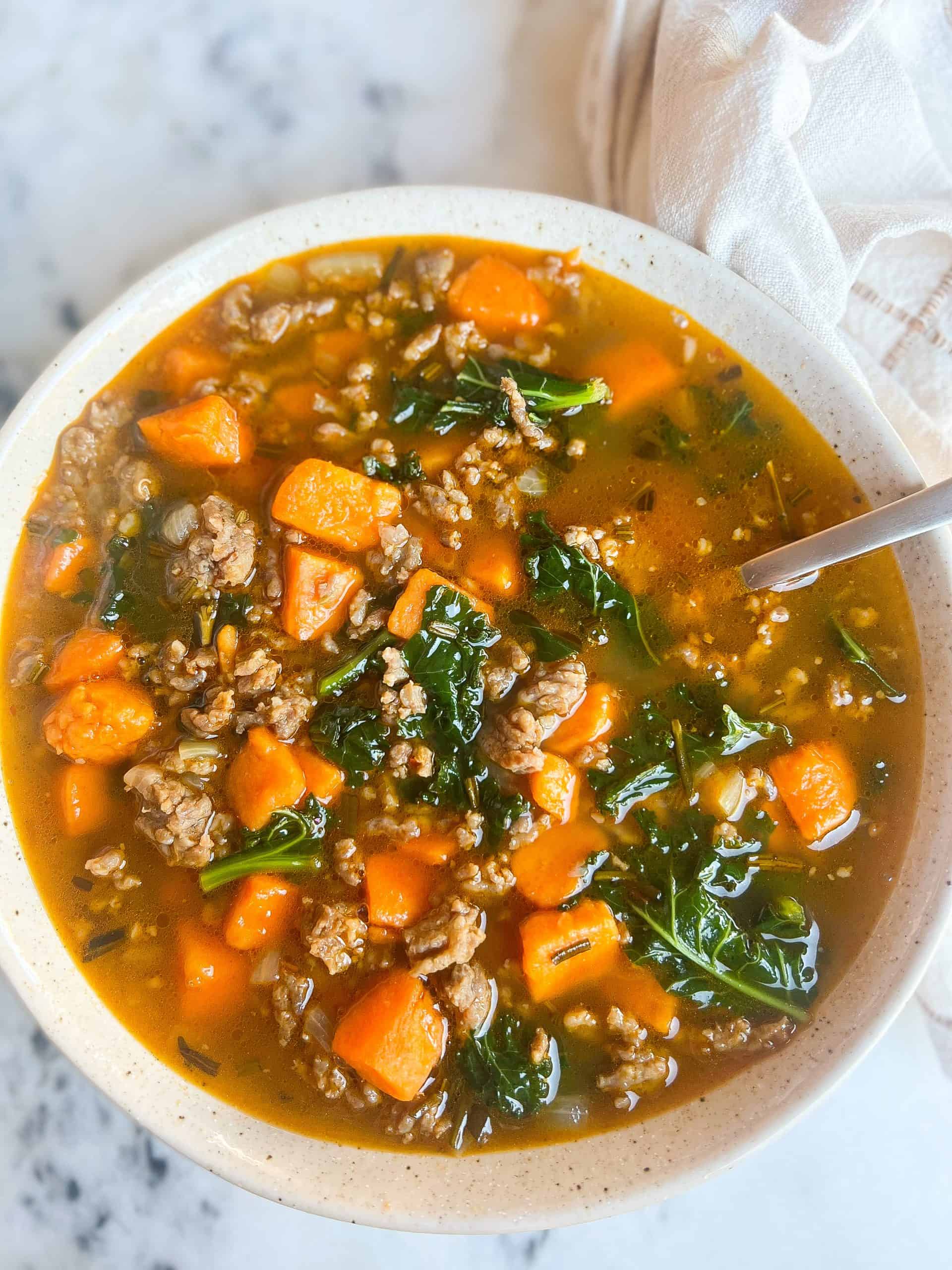 Sausage, Sweet Potato, And Kale Soup (Whole 30, Paleo) - The Lovely Dish